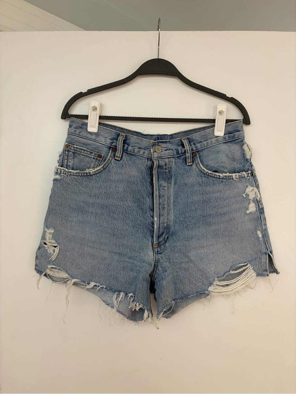 Classic High-Rise Distressed Denim Shorts - Light Blue
